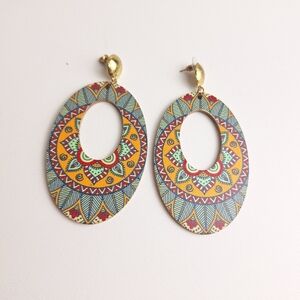 Mandala Pattern Wood Earrings Lightweight Oval Statement Boho Hippie 3.75"